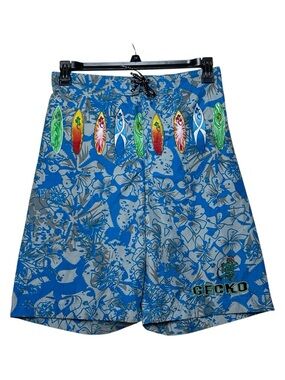 Vintage Y2K Gecko Hawaii Blue Floral Men’s Swim Board Shorts Trunks Surfboards